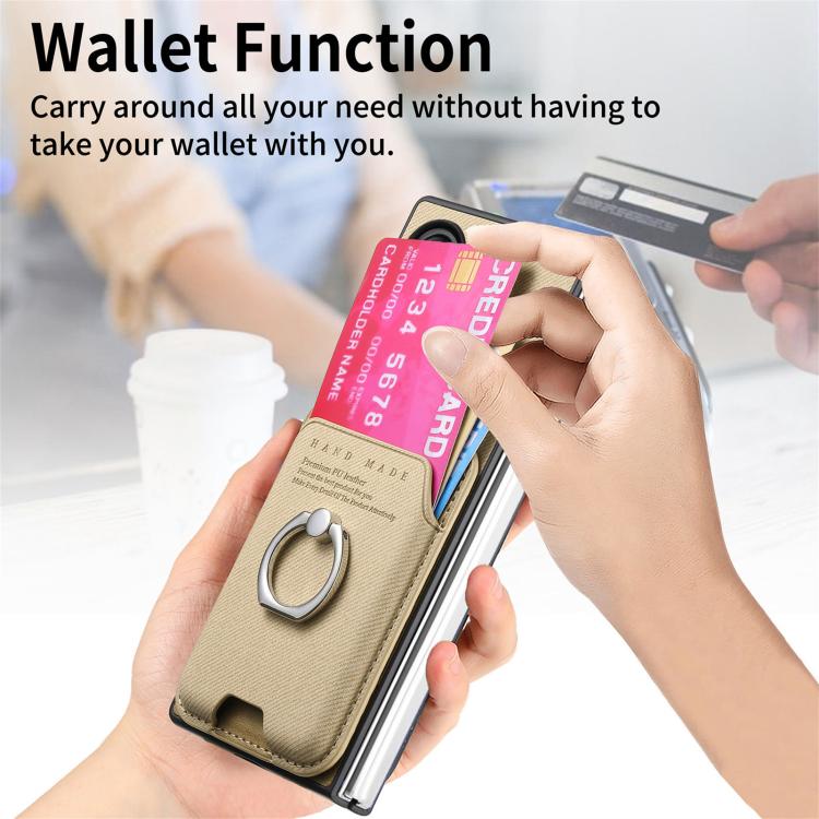 For Samsung Galaxy Z Fold3 5G Twill Fabric Card Bag Ring Magnetic Back Phone Case