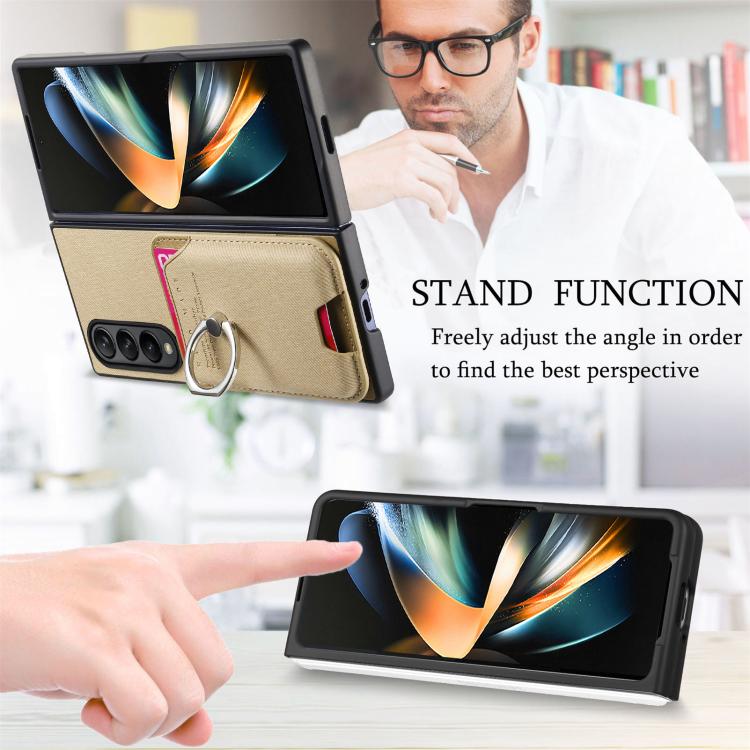 For Samsung Galaxy Z Fold3 5G Twill Fabric Card Bag Ring Magnetic Back Phone Case