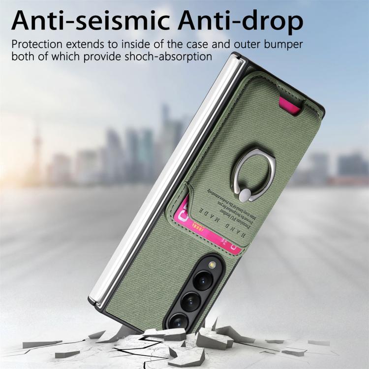 For Samsung Galaxy Z Fold3 5G Twill Fabric Card Bag Ring Magnetic Back Phone Case