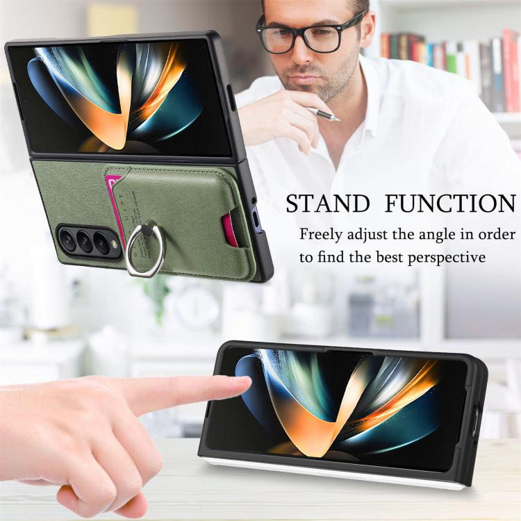 For Samsung Galaxy Z Fold3 5G Twill Fabric Card Bag Ring Magnetic Back Phone Case