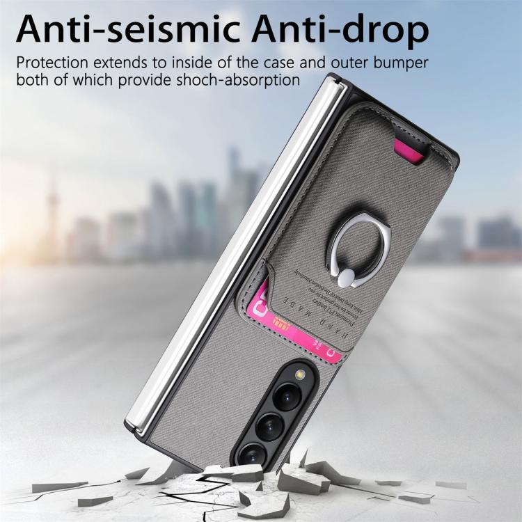 For Samsung Galaxy Z Fold3 5G Twill Fabric Card Bag Ring Magnetic Back Phone Case