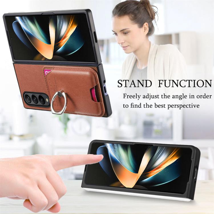 For Samsung Galaxy Z Fold3 5G Twill Fabric Card Bag Ring Magnetic Back Phone Case