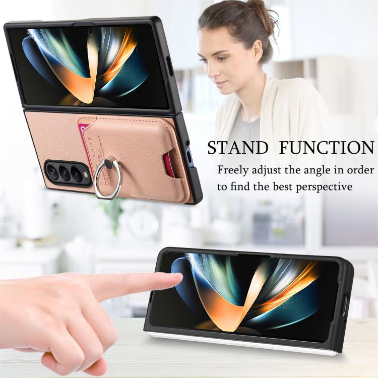 For Samsung Galaxy Z Fold3 5G Twill Fabric Card Bag Ring Magnetic Back Phone Case