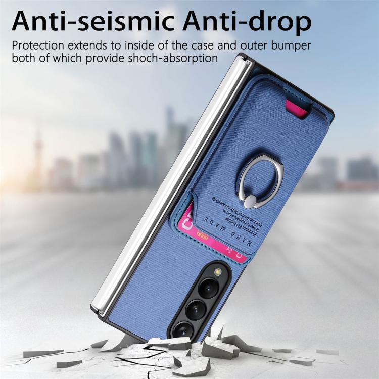 For Samsung Galaxy Z Fold3 5G Twill Fabric Card Bag Ring Magnetic Back Phone Case