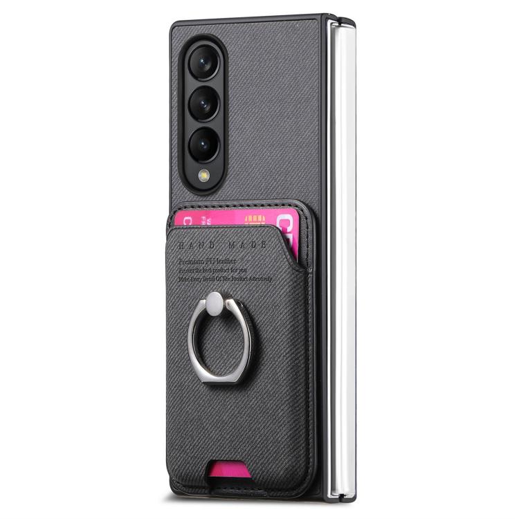 For Samsung Galaxy Z Fold4 5G Twill Fabric Card Bag Ring Magnetic Back Phone Case