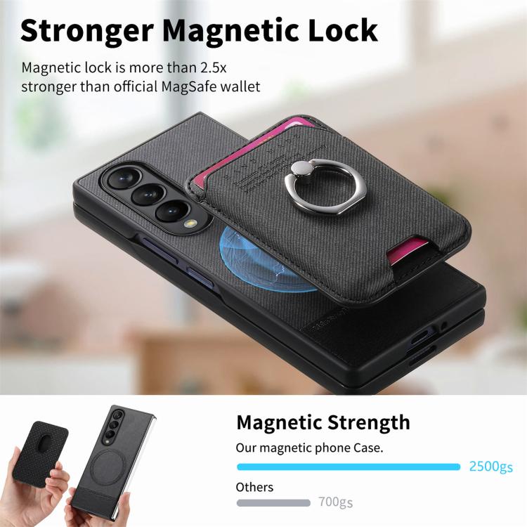 For Samsung Galaxy Z Fold4 5G Twill Fabric Card Bag Ring Magnetic Back Phone Case