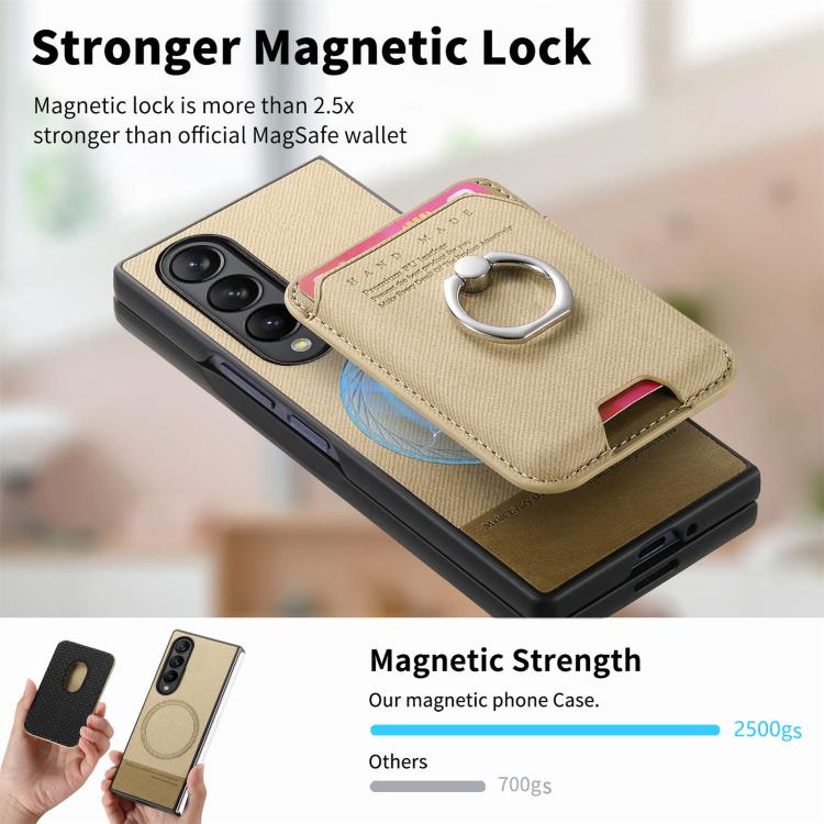 For Samsung Galaxy Z Fold4 5G Twill Fabric Card Bag Ring Magnetic Back Phone Case