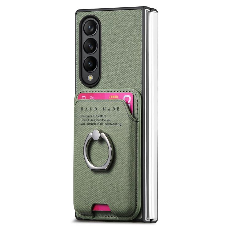 For Samsung Galaxy Z Fold4 5G Twill Fabric Card Bag Ring Magnetic Back Phone Case