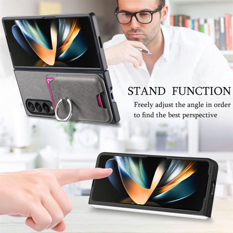 For Samsung Galaxy Z Fold4 5G Twill Fabric Card Bag Ring Magnetic Back Phone Case