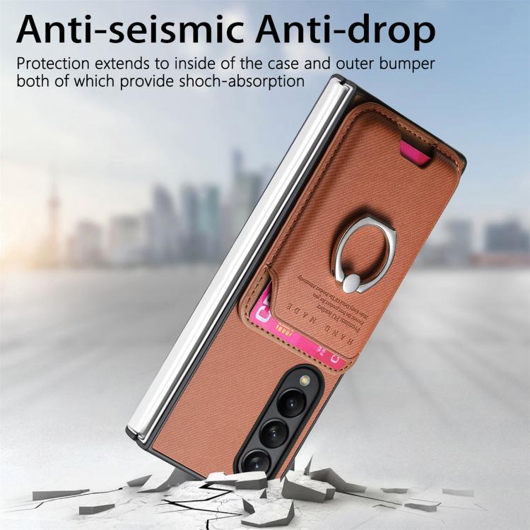 For Samsung Galaxy Z Fold4 5G Twill Fabric Card Bag Ring Magnetic Back Phone Case