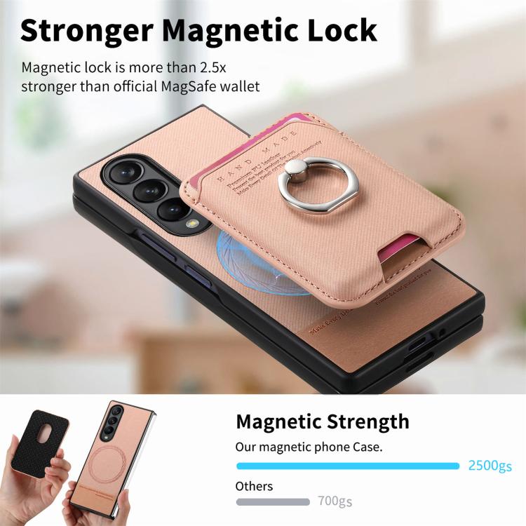For Samsung Galaxy Z Fold4 5G Twill Fabric Card Bag Ring Magnetic Back Phone Case