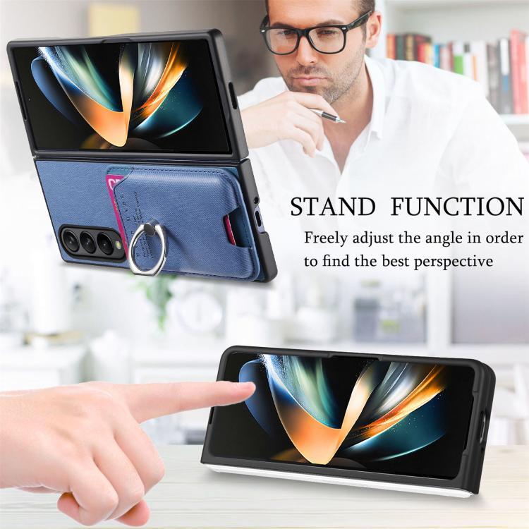For Samsung Galaxy Z Fold4 5G Twill Fabric Card Bag Ring Magnetic Back Phone Case