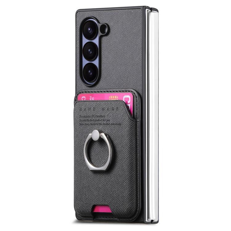 For Samsung Galaxy Z Fold5 5G Twill Fabric Card Bag Ring Magnetic Back Phone Case