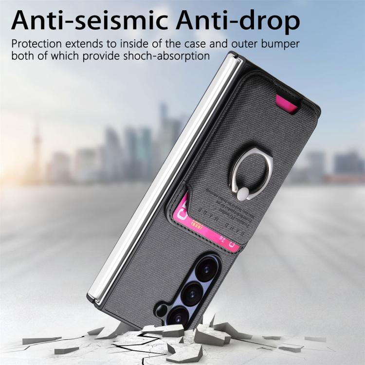 For Samsung Galaxy Z Fold5 5G Twill Fabric Card Bag Ring Magnetic Back Phone Case