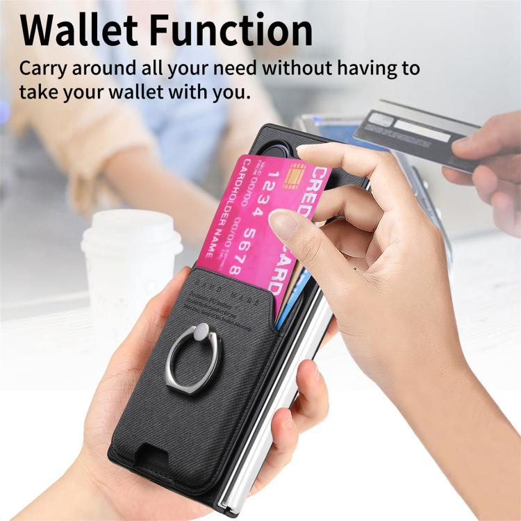 For Samsung Galaxy Z Fold5 5G Twill Fabric Card Bag Ring Magnetic Back Phone Case