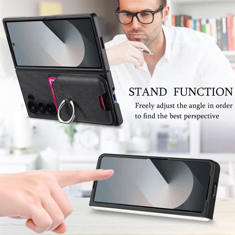 For Samsung Galaxy Z Fold5 5G Twill Fabric Card Bag Ring Magnetic Back Phone Case