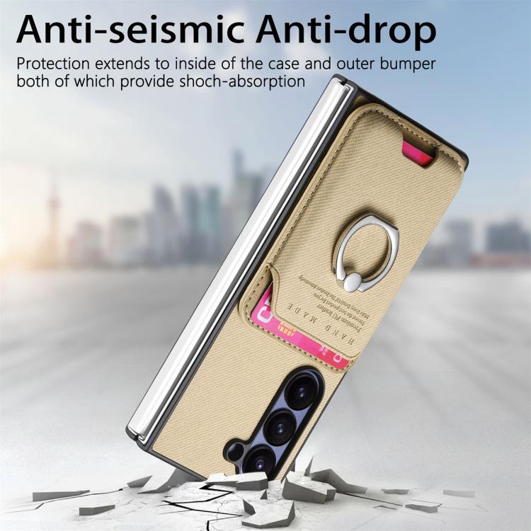 For Samsung Galaxy Z Fold5 5G Twill Fabric Card Bag Ring Magnetic Back Phone Case
