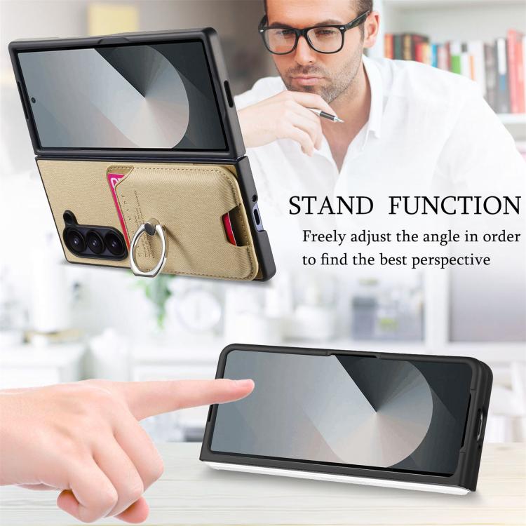For Samsung Galaxy Z Fold5 5G Twill Fabric Card Bag Ring Magnetic Back Phone Case