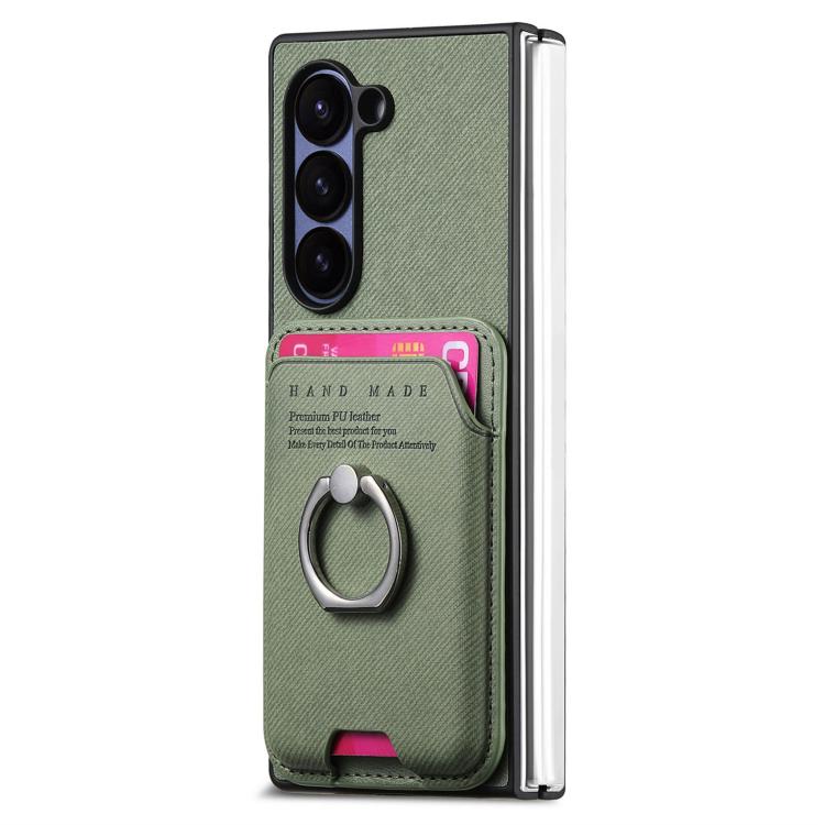 For Samsung Galaxy Z Fold5 5G Twill Fabric Card Bag Ring Magnetic Back Phone Case