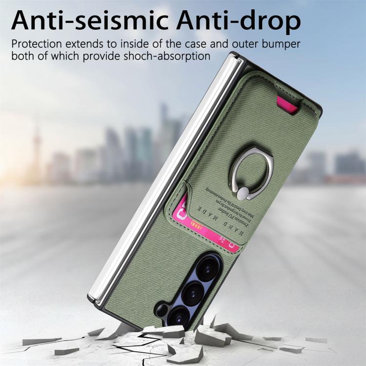 For Samsung Galaxy Z Fold5 5G Twill Fabric Card Bag Ring Magnetic Back Phone Case