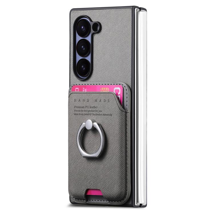 For Samsung Galaxy Z Fold5 5G Twill Fabric Card Bag Ring Magnetic Back Phone Case