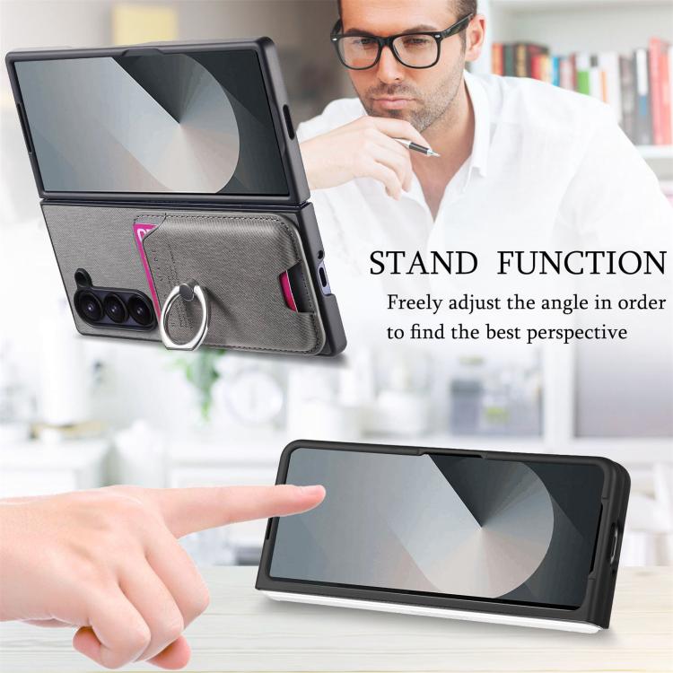 For Samsung Galaxy Z Fold5 5G Twill Fabric Card Bag Ring Magnetic Back Phone Case