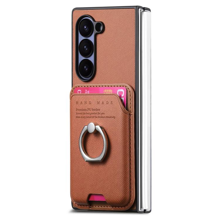 For Samsung Galaxy Z Fold5 5G Twill Fabric Card Bag Ring Magnetic Back Phone Case