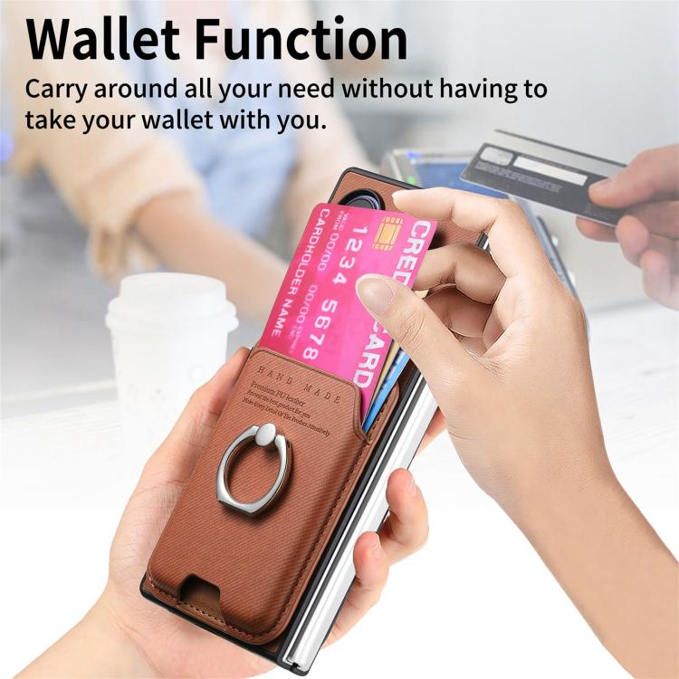 For Samsung Galaxy Z Fold5 5G Twill Fabric Card Bag Ring Magnetic Back Phone Case