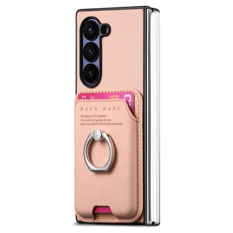 For Samsung Galaxy Z Fold5 5G Twill Fabric Card Bag Ring Magnetic Back Phone Case