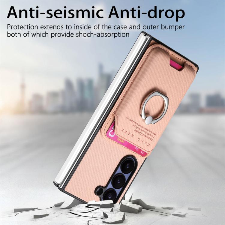 For Samsung Galaxy Z Fold5 5G Twill Fabric Card Bag Ring Magnetic Back Phone Case