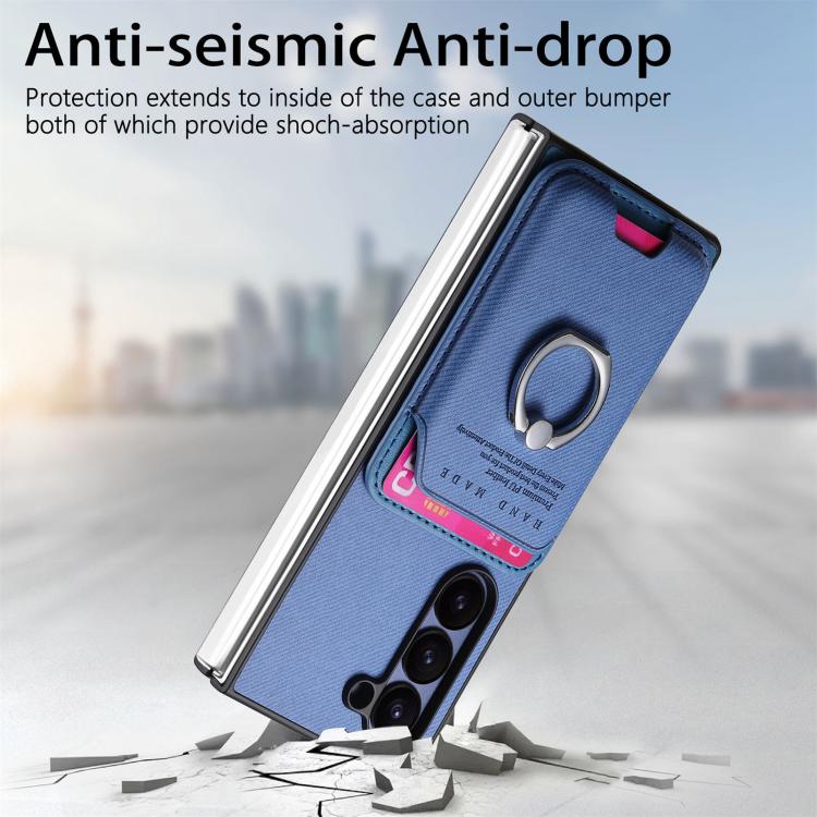For Samsung Galaxy Z Fold5 5G Twill Fabric Card Bag Ring Magnetic Back Phone Case
