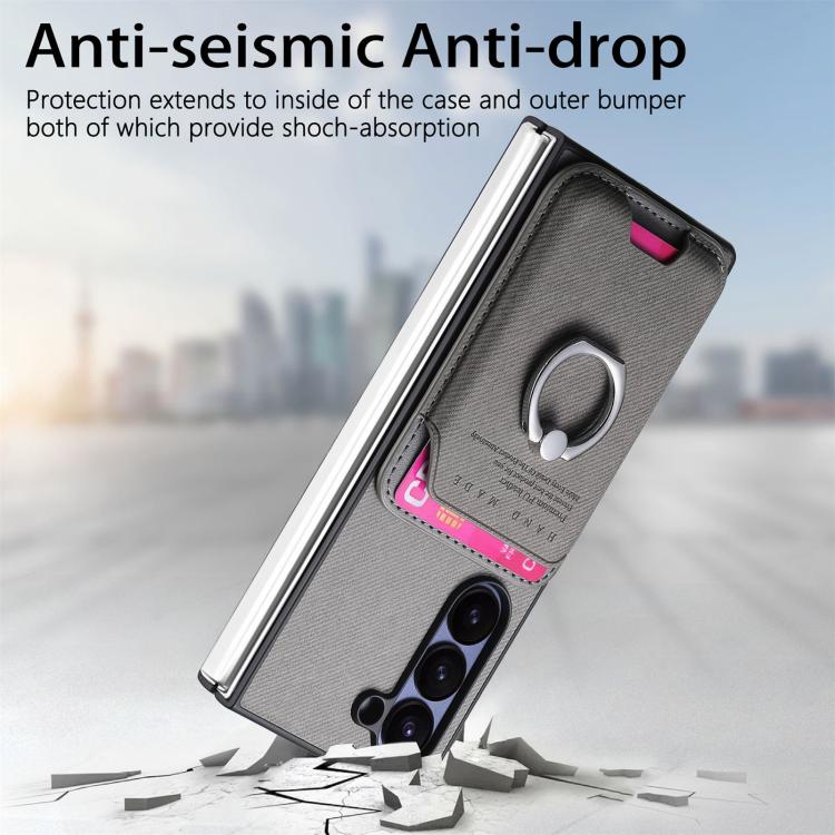 For Samsung Galaxy Z Fold6 5G Twill Fabric Card Bag Ring Magnetic Back Phone Case