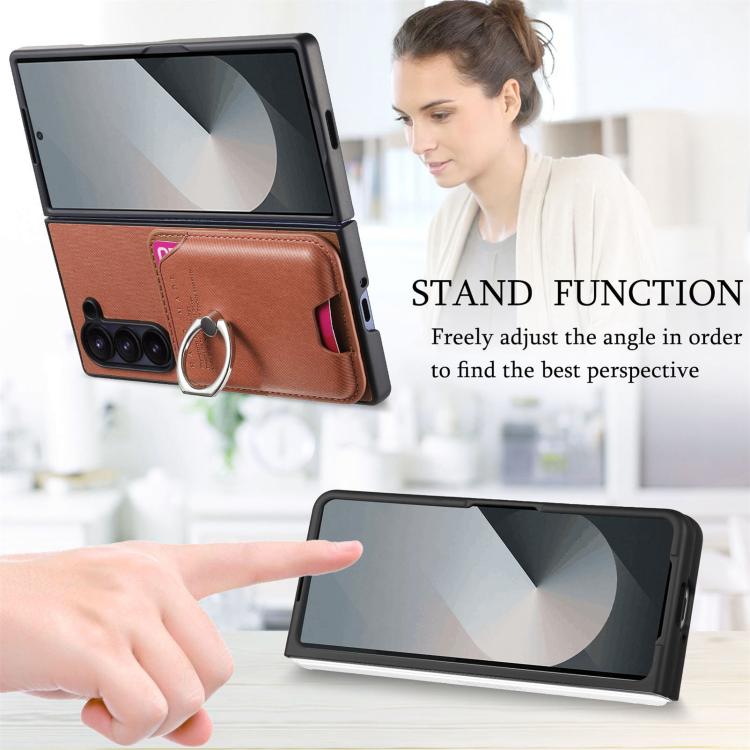 For Samsung Galaxy Z Fold6 5G Twill Fabric Card Bag Ring Magnetic Back Phone Case