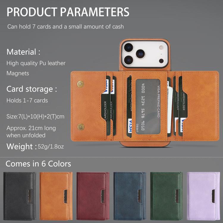 For iPhone 17 Pro Max Kalebol Strong Magnetic MagSafe Tri-Fold Wallet Leather Phone Case