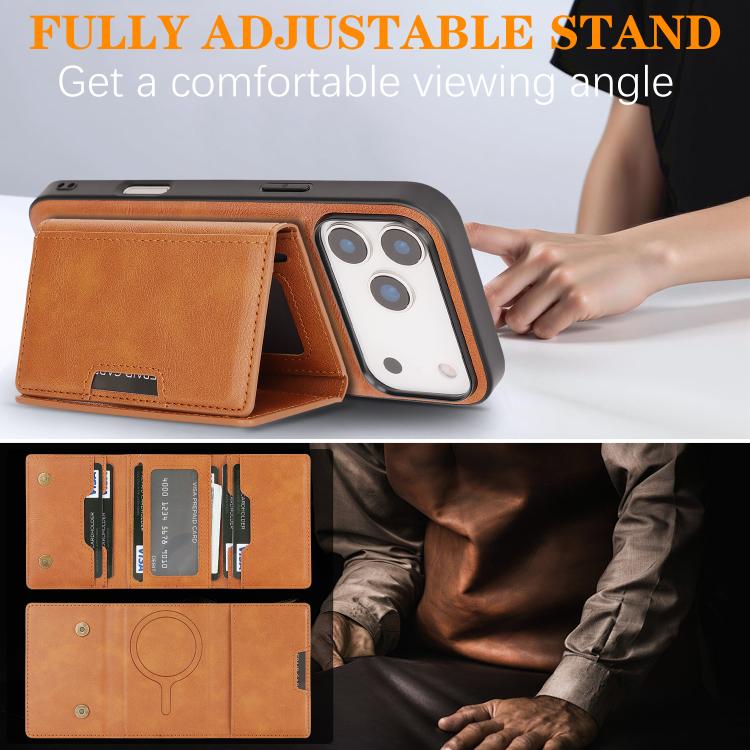 For iPhone 17 Pro Kalebol Strong Magnetic MagSafe Tri-Fold Wallet Leather Phone Case