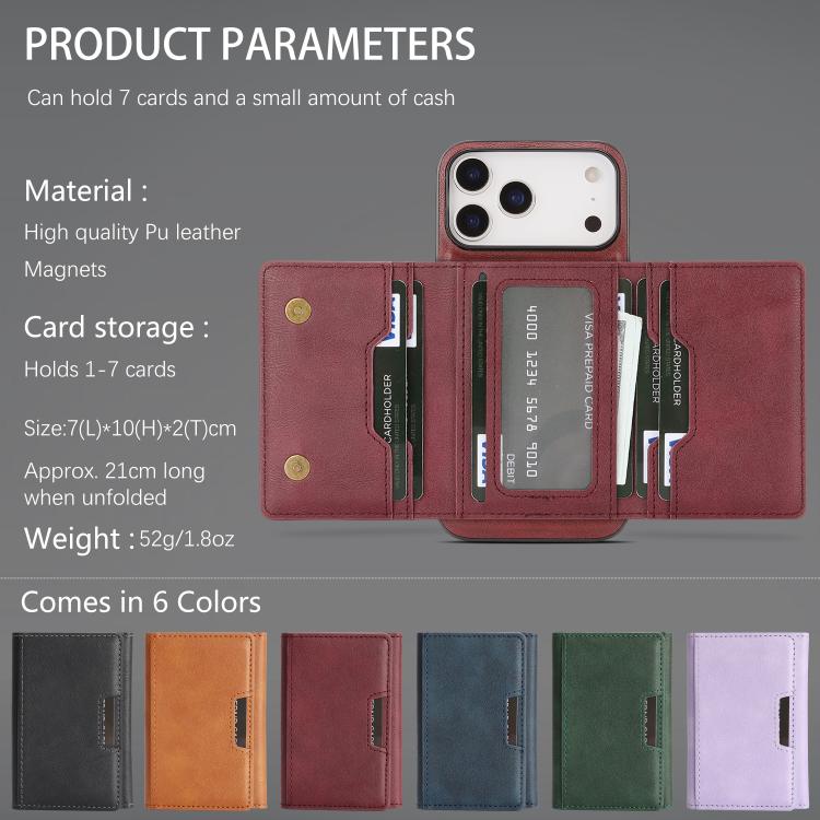 For iPhone 17 Pro Kalebol Strong Magnetic MagSafe Tri-Fold Wallet Leather Phone Case