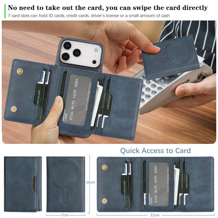 For iPhone 17 Pro Kalebol Strong Magnetic MagSafe Tri-Fold Wallet Leather Phone Case