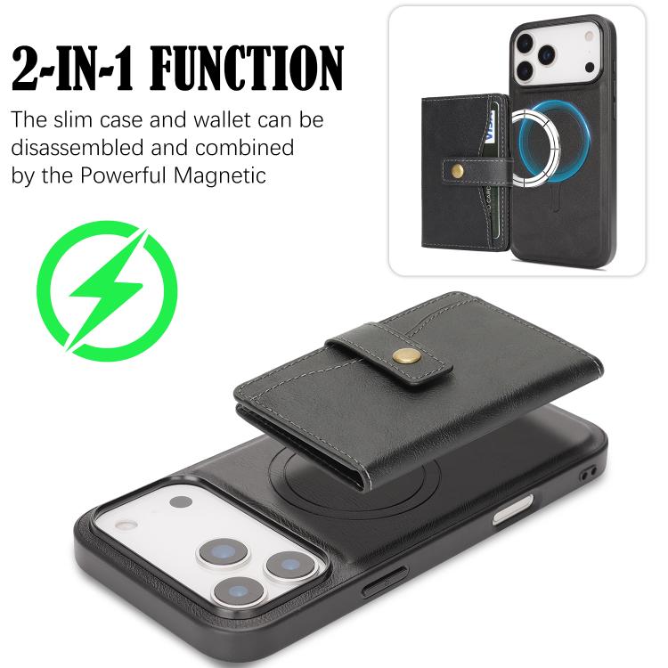 For iPhone 17 Pro Kalebol Magnetic Button Card Bag MagSafe Ring Leather Phone Case
