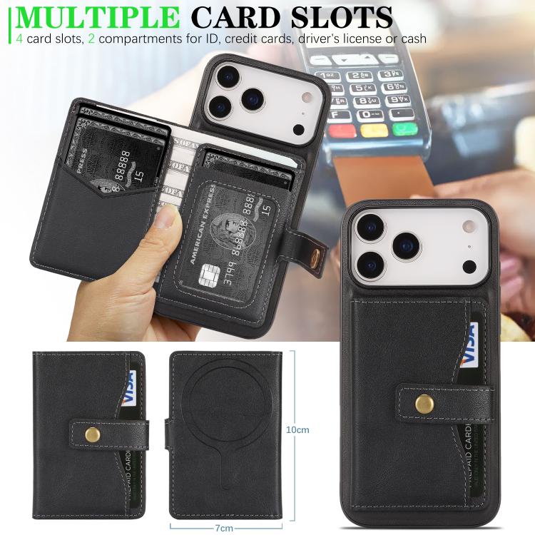For iPhone 17 Pro Kalebol Magnetic Button Card Bag MagSafe Ring Leather Phone Case