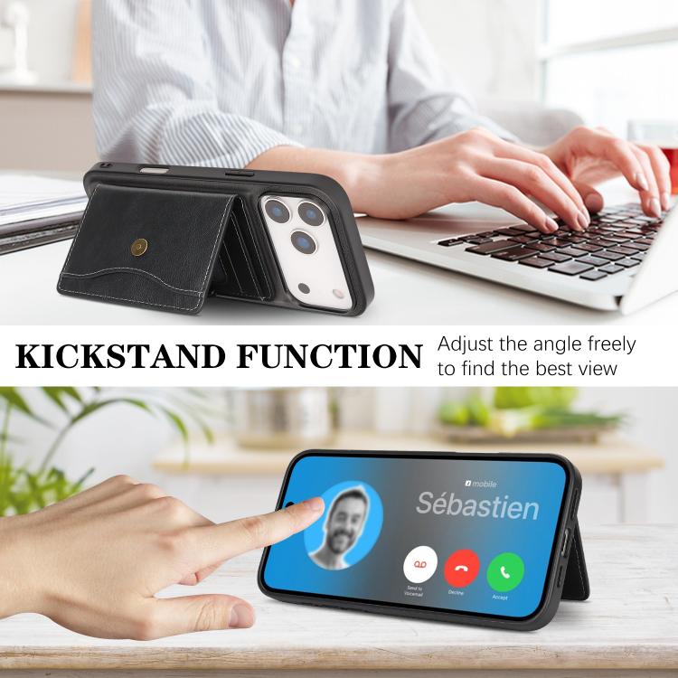 For iPhone 17 Pro Kalebol Magnetic Button Card Bag MagSafe Ring Leather Phone Case