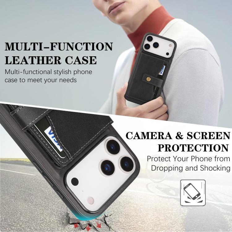 For iPhone 17 Pro Kalebol Magnetic Button Card Bag MagSafe Ring Leather Phone Case