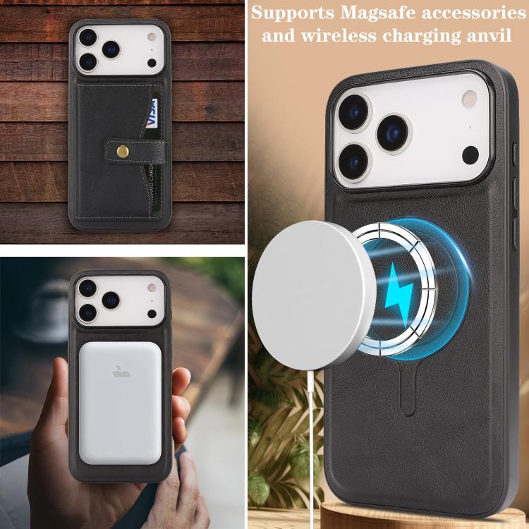 For iPhone 17 Pro Kalebol Magnetic Button Card Bag MagSafe Ring Leather Phone Case