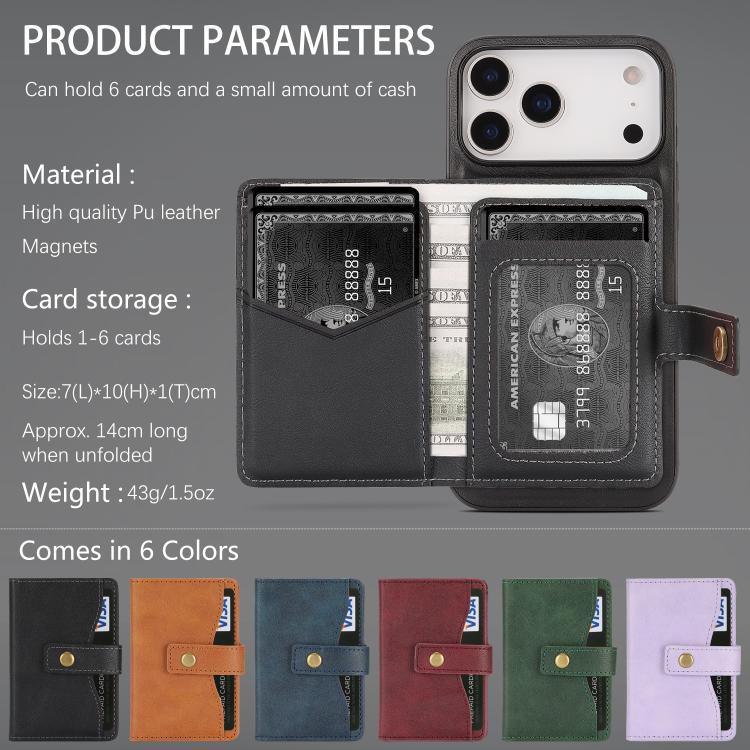 For iPhone 17 Pro Kalebol Magnetic Button Card Bag MagSafe Ring Leather Phone Case