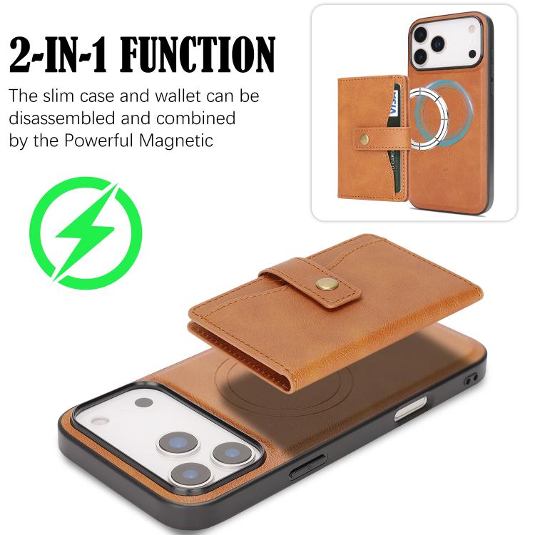 For iPhone 17 Pro Kalebol Magnetic Button Card Bag MagSafe Ring Leather Phone Case