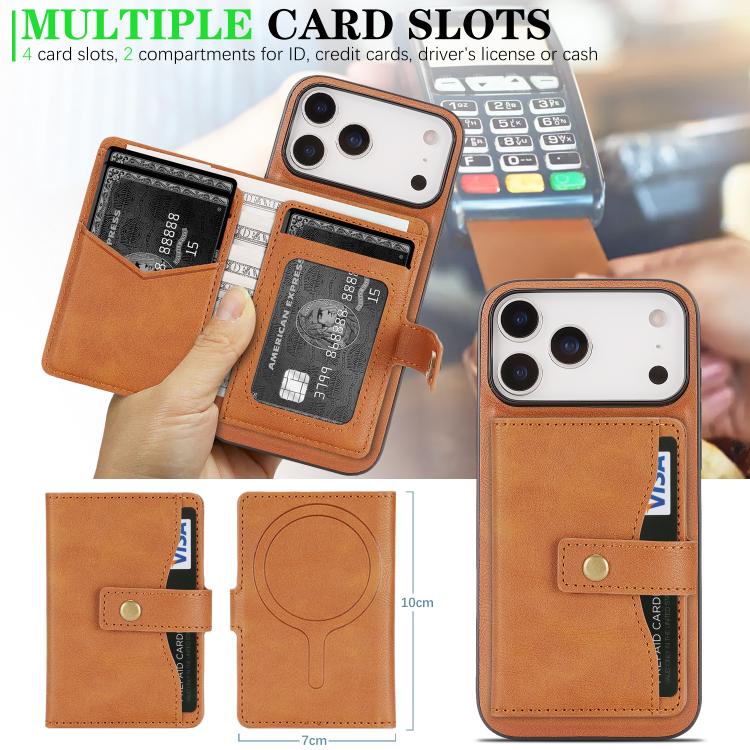 For iPhone 17 Pro Kalebol Magnetic Button Card Bag MagSafe Ring Leather Phone Case