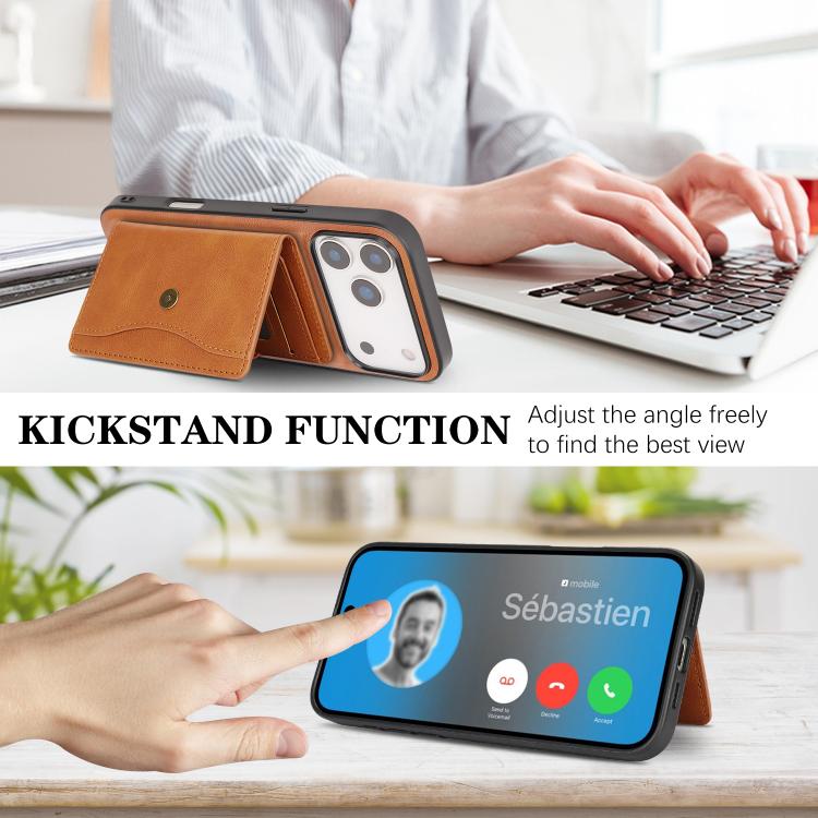 For iPhone 17 Pro Kalebol Magnetic Button Card Bag MagSafe Ring Leather Phone Case