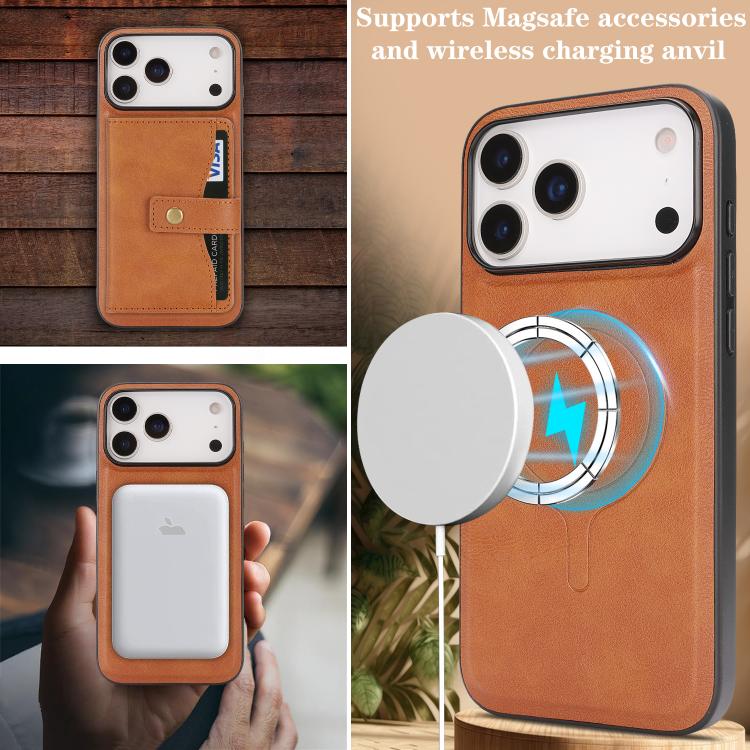 For iPhone 17 Pro Kalebol Magnetic Button Card Bag MagSafe Ring Leather Phone Case