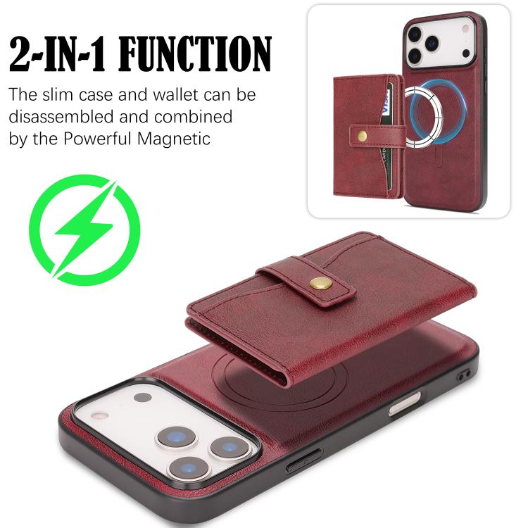For iPhone 17 Pro Kalebol Magnetic Button Card Bag MagSafe Ring Leather Phone Case