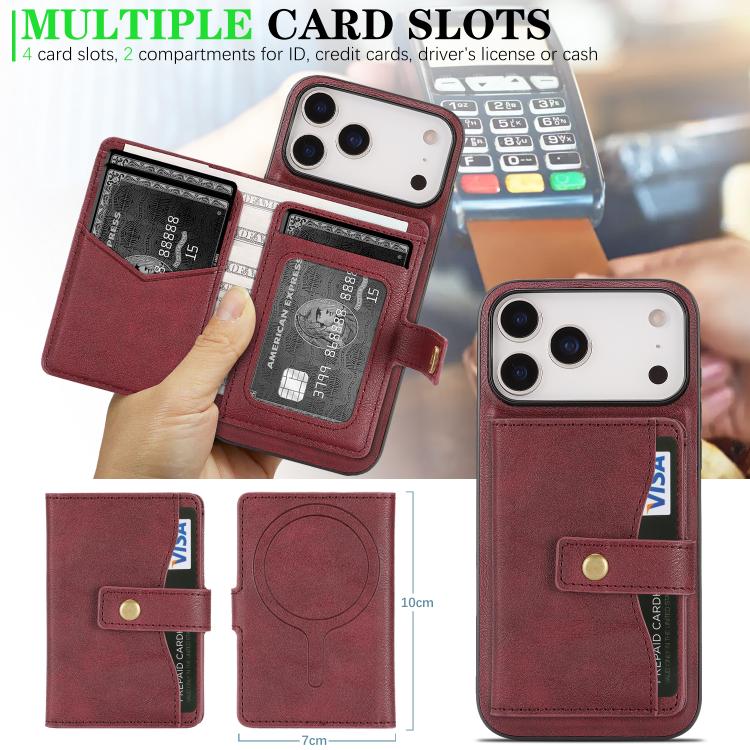 For iPhone 17 Pro Kalebol Magnetic Button Card Bag MagSafe Ring Leather Phone Case