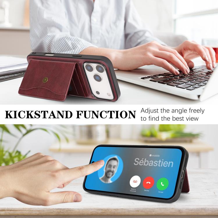 For iPhone 17 Pro Kalebol Magnetic Button Card Bag MagSafe Ring Leather Phone Case